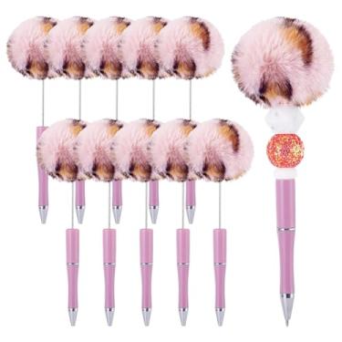 Imagem de Spritewelry Caneta esferográfica de pelúcia retrátil e fofa, pompom, 10 peças, faça você mesmo, canetas esferográficas de plástico com eixo, tinta preta para escritório, escola, impressão, roxo