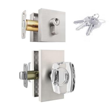 Imagem de Dllween Conjunto de maçaneta de porta de passagem de vidro cristal de níquel escovado e fechadura de cilindro único, níquel acetinado