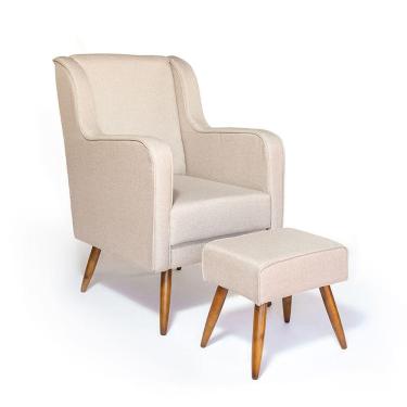 Imagem de Cadeira Poltrona De Amamentação C/ Puff Linho Bege Pés Palito - Lahome Decor