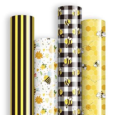 Imagem de Whaline Papel de embrulho de abelha de 12 folhas 4 design Summer Bee Festival papel de embrulho Buffalo xadrez listra Bee papel artístico para primavera verão feriado aniversário embrulho DIY decoração de artesanato, 40 x 70 centímetros