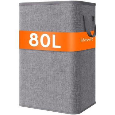 Imagem de Cesto de roupa suja Lifewit 80L, grande, alto, dobrável, cinza claro