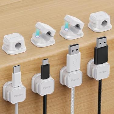 Imagem de Pacote com 8 prendedores magnéticos para cabos, organizador de cabos, gerenciamento de cabos Picozon adesivos, carregador USB para celular, organizador para mesa de escritório e casa - branco
