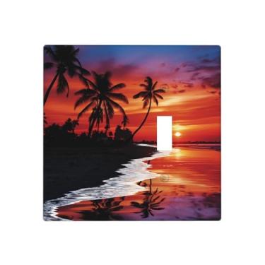 Imagem de Placa de parede com impressão de palmeiras ao anoitecer, capa decorativa de interruptor de luz dupla com interruptor de luz resistente à temperatura, interruptores de fazenda, placa frontal para