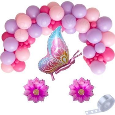 Imagem de Kit Arco de Balões Rosa, Lilás, Fúcsia com Flor e Borboleta Metalizado, Decoração de Festa Infantil, Balão Aniversário