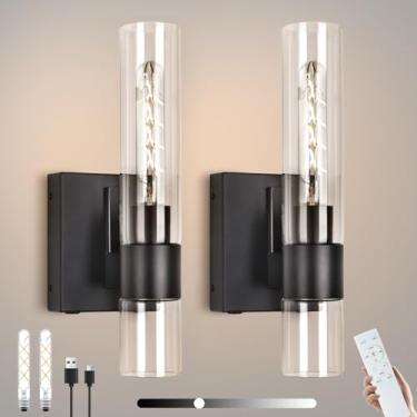 Imagem de BELS Conjunto De Dois Apliques De Parede Operados Por Bateria, Luminária De Parede Sem Fio Preta De 13 Polegadas Com Vidro Transparente, Regulável, 4000K, Controle Remoto, Arandela Moderna Para Ban