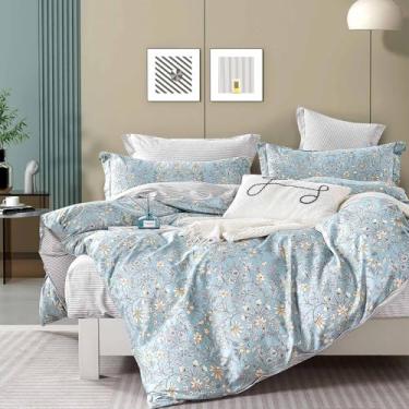 Imagem de ALEISSEL Edredom King de algodão botânico azul esfumaçado – Conjunto de cama leve de 3 peças com enchimento macio, padrões florais luxuosos de inspiração vintage, design reversível listrado cinza