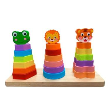 Imagem de Torre de Empilhar Educativa com Animais, 22 Peças, Base em Madeira, Brinquedo Infantil
