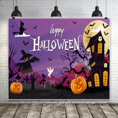 Imagem de Pano de fundo Happy Halloween 3 x 2,4 m roxo para festa de Halloween faixa de fundo de casa assombrada castelo fantasma assustador cemitério lua bruxa fundo para crianças e adultos adereços de fotos