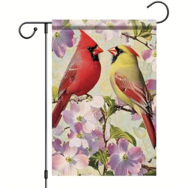Imagem de Starlit Patio Welcome Summer Cardinal Birds Bandeira de jardim roxo floral decoração de quintal banner sazonal colorido para varanda ao ar livre pátio gramado casa 30 x 45 centímetros placa dupla face