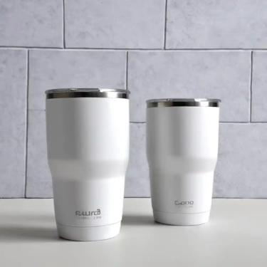 Imagem de Copo Térmico Parede Dupla em Aço Inox Branca 350ml com Tampa Rosqueável - Estilo Texturizado