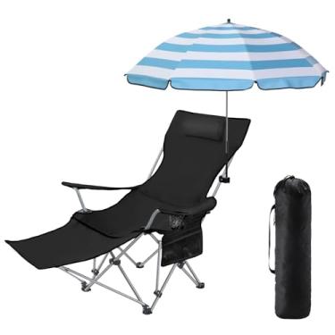 Imagem de Karenhi 1 conjunto de cadeira de acampamento de praia com guarda-chuva para adultos, cadeira de acampamento reclinável dobrável com apoio para os pés, braçadeira ajustável, sombra para uso ao ar livre