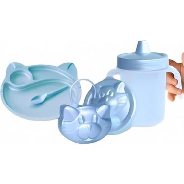 Imagem de Kit 3 Itens Introdução Alimentar Bebê Baby Copo com Tampa 350ml Prato com Divisórias e Porta Chupeta Ideal para Passeios (Azul Perolado)