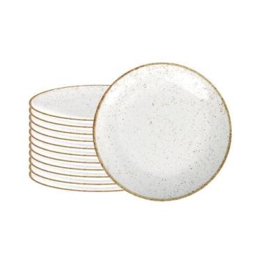 Imagem de Conjunto De 12 Pratos Raso Rústico Marrom Em Porcelana Decorada 25 Cm 