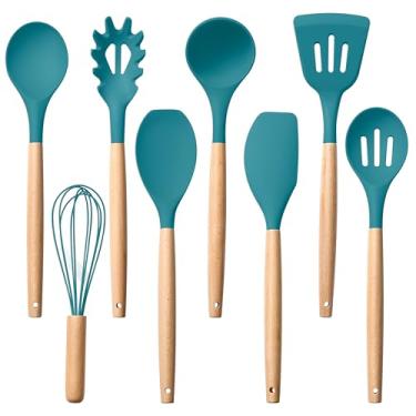 Imagem de Herogo Conjunto de 8 utensílios de cozinha de silicone antiaderentes, resistentes ao calor, de grau alimentício, com cabo de madeira, inclui espátula, espátula, espátula, espátula, espátula, espátula,