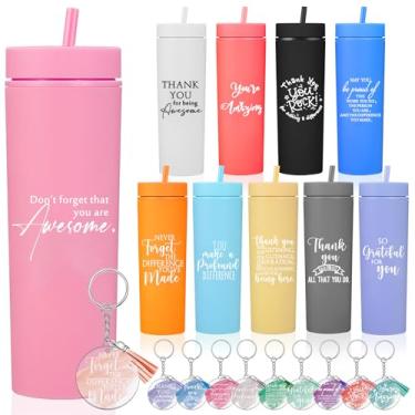 Imagem de Willinglong 20 peças presentes de agradecimento dos funcionários, incluindo 10 copos de agradecimento de 473 ml, 10 chaveiros de acrílico transparente com borlas, porta-chaves agradecimento,