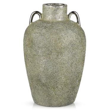 Imagem de Vaso de cerâmica grande, vaso rústico de 28,4 cm de altura, vaso de flores vintage com 2 orelhas, vasos florais de terracota galvanizados para casa, sala de estar, prateleira, cornija, entrada