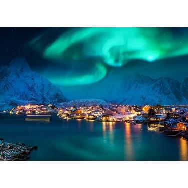 Imagem de Loccor Tecido de 1,5 x 0,9 m de fundo de aurora boreal verde aurora boreal acima da Noruega ilhas Lofoten inverno neve montanha lago cenário de fundo para decoração de festa de Natal de inverno