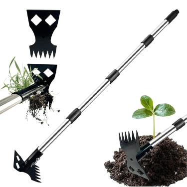Imagem de Ferramenta extrator de ervas daninhas com cabo longo ferramenta de remoção manual de 152 cm, ancinho manual 2 em 1 e enxada de jardim para jardinagem, arrancamento de ervas daninhas para quintal