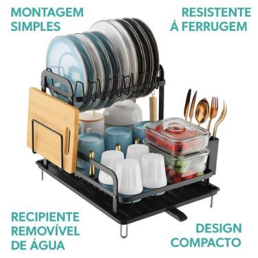 Imagem de Escorredor Louça Preto Grande Duplo Metal Bandeja Tira Agua Pratos Cop