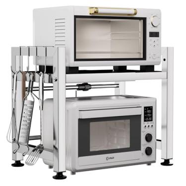 Imagem de Virvia Rack extensível para forno de micro-ondas, prateleira de micro-ondas ajustável sobre microondas, suporte de bancada de aço inoxidável de 2 camadas com 4 ganchos para utensílios de cozinha e