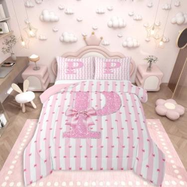 Imagem de Erosebridal Jogo de cama casal com laço fofo, com letra P, princesa, sonhadora, laço kawaii, para meninas, adolescentes, mulheres, lençol com desenho kawaii