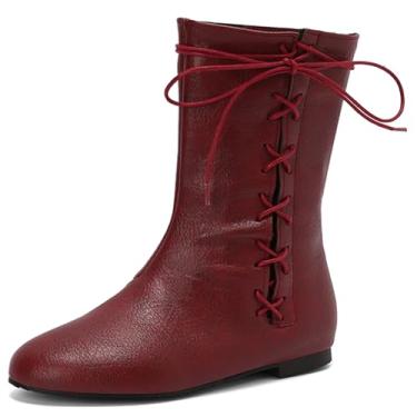 Imagem de Cozivwaiy Botas femininas vintage rasteiras curtas com cadarço confortável bico redondo pirata fantasia medieval renascentista botas vitorianas planas, Claret, 37