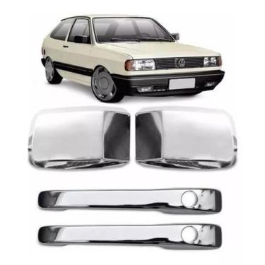 Imagem de Kit aplique cromado Gol quadrado - 2 Maçanetas c furo, 2 Retrovisores(