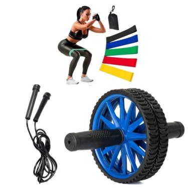 Imagem de Kit roda abdominal + 5 Elástico + Corda para pular Treino Fitness Func