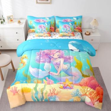 Imagem de Erosebridal Jogo de cama casal de sereia, desenho animado de baleia e cavalo-marinho, coral colorido (edredom + lençol de cima + 2 fronhas + 2 fronhas + 2 fronhas), conjunto de cama com 7 peças