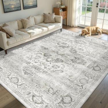 Imagem de xilixili Tapete de área 15 x 23 cm - Tapete lavável antiderrapante - Tapetes resistentes a manchas para sala de estar, quarto e sala de jantar, tapetes de área estampados vintage (marfim/cinza, 1,88 x