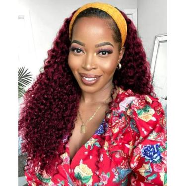 Imagem de Peruca com bandana Celiarita Red Burgundy Deep Wave 100% cabelo humano