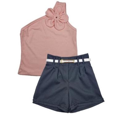 Imagem de Conjunto Short Alfaiataria Cinto Blusinha Flor Menina - 2L Kids, Rosê,