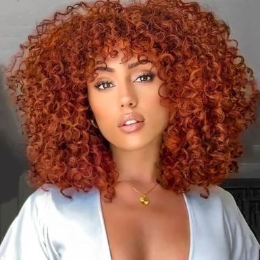 Imagem de PORSMEER Perucas Afro Curly de 35,5 cm, Curtas Soltas e Curtas com Franja para Mulheres Negras, Cabelo Afro Sintético dos Anos 70 (Vermelho Cobre)