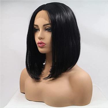 Imagem de Melody 1B Peruca de renda preta bob curta, reta, preta, sintética frontal para mulheres, cabelo bob natural, fibra resistente ao calor, 35,5 cm..
