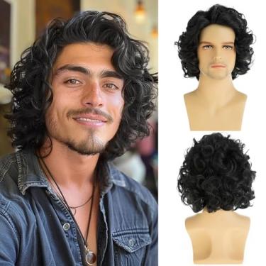 Imagem de Baruisi Peruca masculina curta encaracolada preta bonita sintética completa peruca natural cosplay cosplay peruca de cabelo