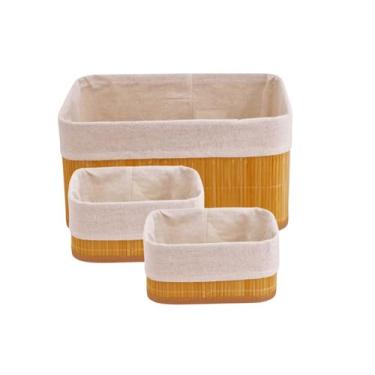 Imagem de Kit 3 Cestos Organizadores em Bambu com Forro Removível para Banheiro, Quarto e Cozinha