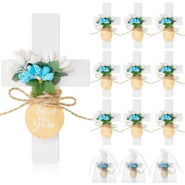 Imagem de Flutesan 12 conjuntos de lembrancinhas de batismo para convidados de primeira comunhão ímãs de cruz de madeira com flor e bolsa para decoração de festa de batismo, reunião, chá de bebê, presente de