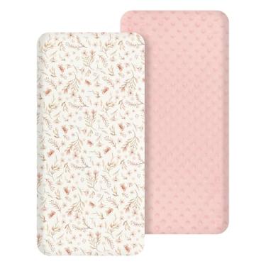 Imagem de Pacote com 2 lençóis de berço de musselina para bebê, fácil de limpar, macio, respirável, elástico, elástico, elástico, colchão, para ampulheta, oval e retangular (rosa + estampa floral)