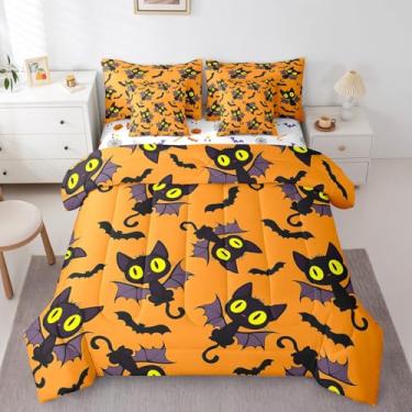 Imagem de Erosebridal Jogo de cama solteiro de Halloween com estampa de gatos pretos de 7 peças, estampa de gatos pretos em uma bolsa, conjunto de lençol com edredom fofo de animais de Halloween, laranja