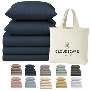 Imagem de CLOUDSCAPE LINEN Jogo de cama King dividido 100% algodão egípcio para cama ajustável, 5 peças, contagem de fios 400, qualidade hoteleira, macio, respirável e durável, bolsos profundos até 17, jeans