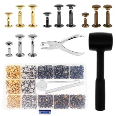 Imagem de LYIYEYAN Kit de rebites de couro, 480 peças, 4 cores, 3 tamanhos, conjunto de rebites de tampa dupla de metal com martelo e alicate de perfuração, rebites de couro, decoração de couro, kit sortido