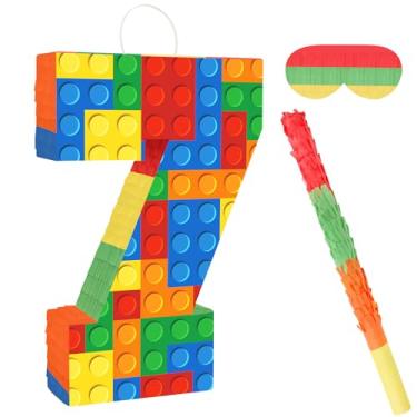 Imagem de Lemicin Number 7 Pinata Building Blocks with Pinata Stick Blindfold 7th Birthday Party Decorations Happy Birthday Building Block Theme Anniversary Party Supplies for Kids (Small, 16 x 10.6 x 3 In)