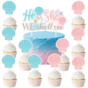Imagem de Seashell Gender Reveal Decorations He or She We Shell See Cake Cupcake Topper Pink Blue Beach Ocean Shell Cake Picks Floral Shell Starfish Cake Decorations for Women Under the Sea Baby Shower Supplies