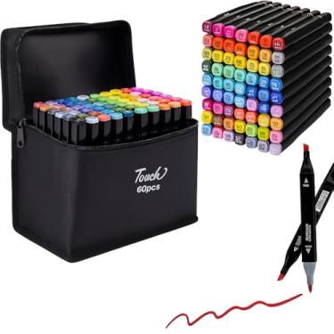 Imagem de Caneta Canetinha Para Colorir Desenho Profissional Permanente Ponta Dupla 60 Unidades Cores Vivas Touch - Premium