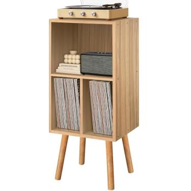 Imagem de Suporte para toca-discos com armazenamento de vinil, suporte de disco de vinil de madeira, gabinete de toca-discos, suporte para toca-discos com armazenamento, prateleira de toca-discos para quarto