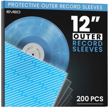 Imagem de EVEO 200 capas externas para discos de vinil – capas externas de vinil cristalinas para álbuns de LP 32,4 cm x 32,4 cm - Proteção de ajuste perfeito de 3 mm para LPs únicos e duplos - Padrão de