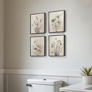 Imagem de Arte de parede botânica vintage emoldurada, 4 peças, impressão de pintura floral rústica boho para casa de fazenda moderna, fotos de flores neutras em preto e branco para banheiro, quarto, corredor