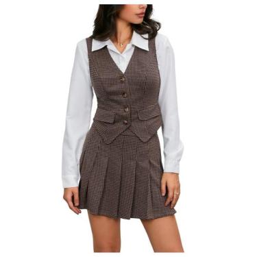 Imagem de Conjunto de roupas Milumia, colete xadrez feminino, blazer e saia marr