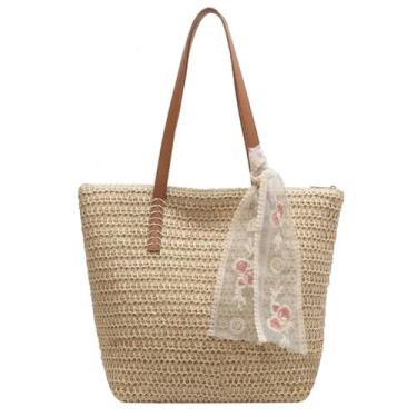 Imagem de Bolsa de praia genérica feminina, bolsa de palha grande com zíper bran