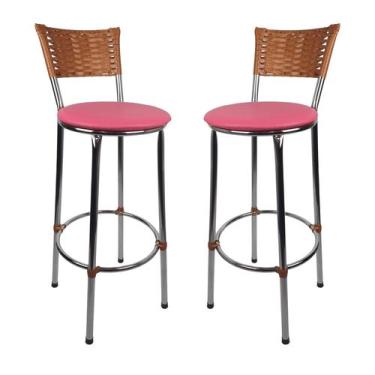 Imagem de KIT 2 Banquetas Alta Cromada Junco IMBUIA Cozinha Balcão Bancada - ESP